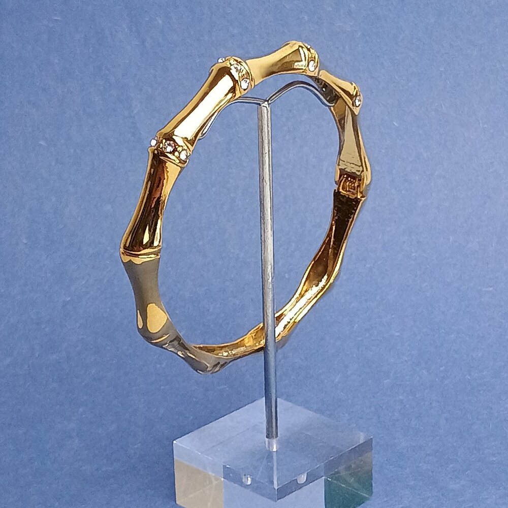 Bamboo Gold Tone Metal With Rhinestone Hinged Bangle Bracelet Fashion Statement